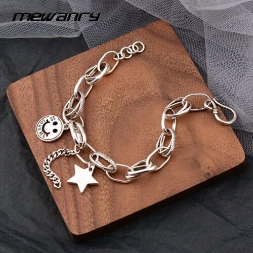MEWANRY 925 Sterling Silver Thick Chain Bracelet for Women Trend Hip Hop Vintage Smiley Face Star Tassel Party Jewelry Wholesale