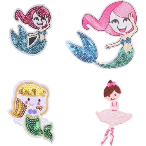 Cartoon Patches Kids Mermaid Reversible Sequin Embroidered Iron on Patch for Clothes Handmade DIY Clothing Sewing Wholesale E
