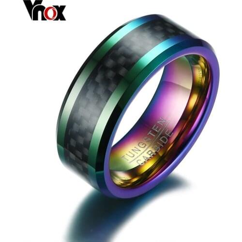 Vnox Tungsten Men Ring with Carbon Fiber 8mm Male Engagement Party Finger Ring Wedding Bands US Size 8 9 10 11 12