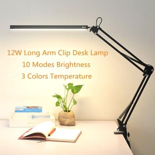 12W Folding Metal Clip Desk Lamp 10 Modes Brightness Adjustable 3 Color Temperature Long Arm Adjustable Office LED Reading Light