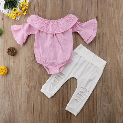 2020 New Fashion Infant Baby Kids Girls Plaid Romper Cotton T-Shirt Tops Hole Pants Outfits Set Clothes одежда для новорожденых