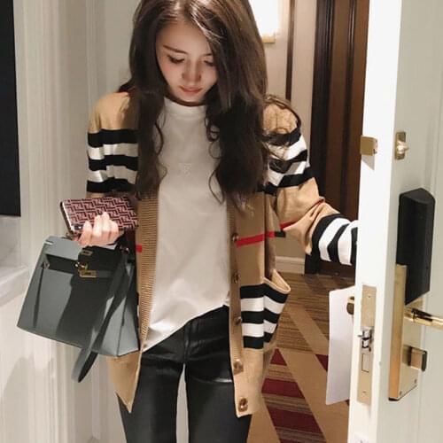 Coat spring and autumn winter new sweater loose girl s T-shirt cardigan casual top stripe look thin