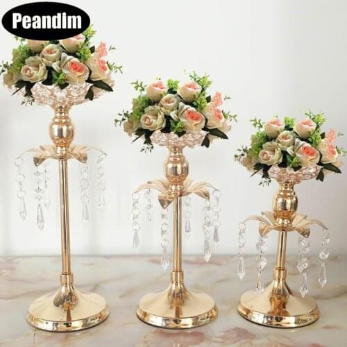 PEANDIM Gold Candelabra Centerpieces Wedding Decoration Crystal Candle Holder Party Tabletop Flower Holder Home Decor 10pcs/lot