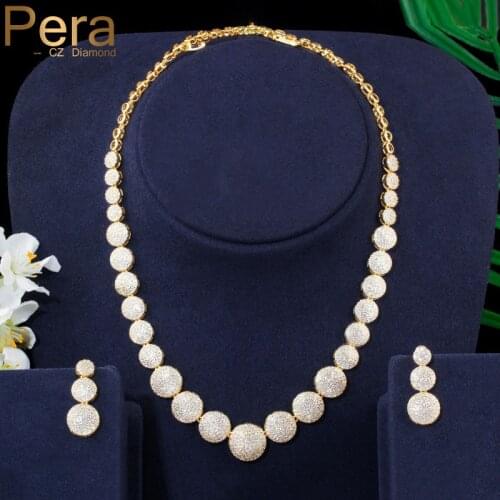 Pera Gorgeous Full Paved Cubic Zirconia Luxury Golden Round Bridal Necklaces and Earrings Set for Wedding Dress Accessories J289