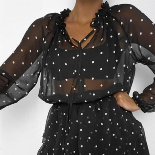 Sexy Black Dot V Neck Transparent Woman Dress Lace Up Elegant High Waist Patchwork Dresses Ruffle Spring Dresses Vestidos