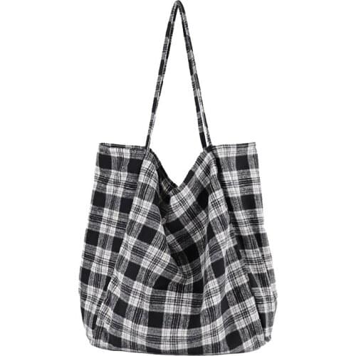 Korean Version Simple Plaid Canvas Womens Large Capacity Literature Purses And Handbags Art Single Shoulder Bag Student Cloth