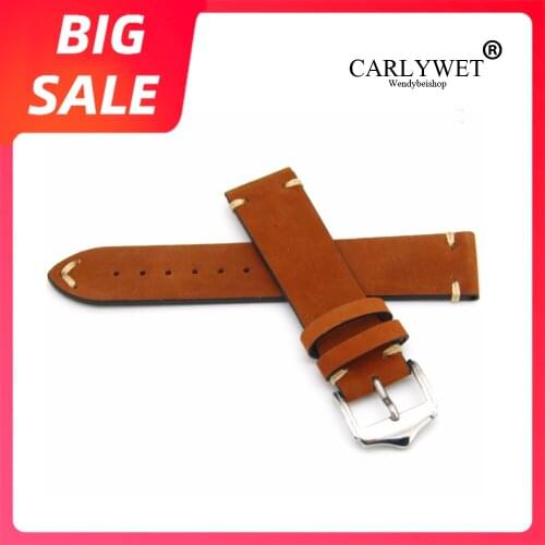 CARLYWET 20 22mm Top Real Calf Suede Luxury Leather Handmade Orange Brown Watch Band Silver Steel Buckle For Diesel Tissot Rolex