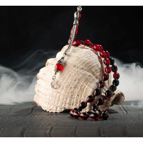 Silver Claret Red Amber Gemstone Prayer Rosary Men Rosary With Silver Tassel Islamic Tasbih With Crescent Star Tassel