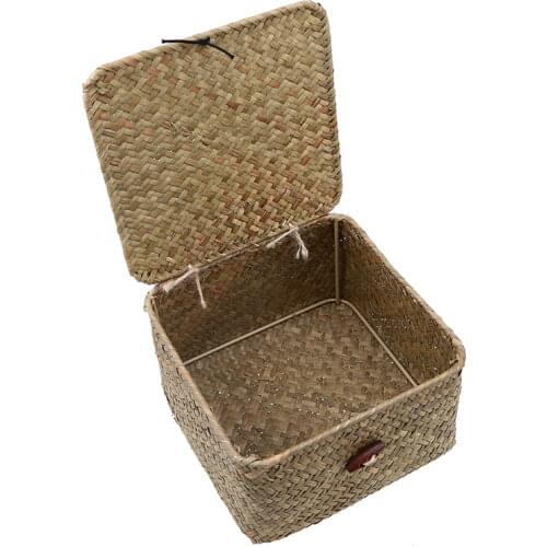 Handmade Straw Woven Storage Basket With Lid Sundries Storage Box Wicker Makeup Organizer Food Container Clothes Storage Bins