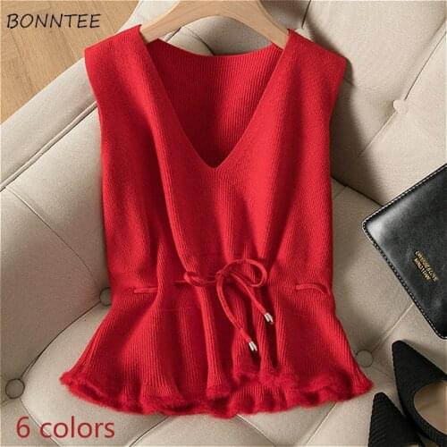 Sweater Vest Women Fresh Colors Popular All-match Students Lady Clothing Sleeveless Ins Casual Spring Lace Up Solid Female Plain