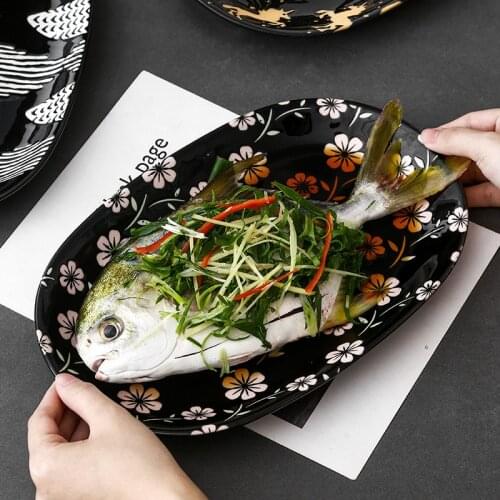 LingAo Japanese hand-painted relief under glaze color ceramic tableware household oval fruit dishes restaurant steamed fish dis