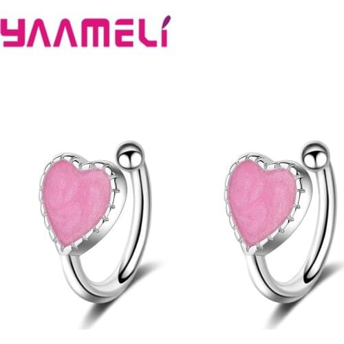 Delicate 100% 925 Sterling Silver Sparkling Women Girl Clip Earrings Enameled Pink Heart Wedding Party Luxury Jewelry