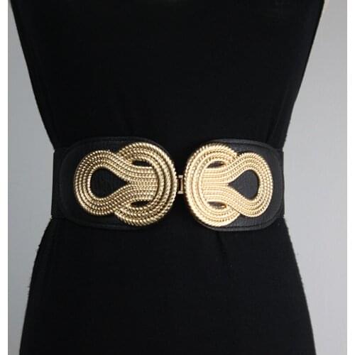 Fashionable gold 8-character retro metal Pu wide belt for women with coat and elastic elastic band