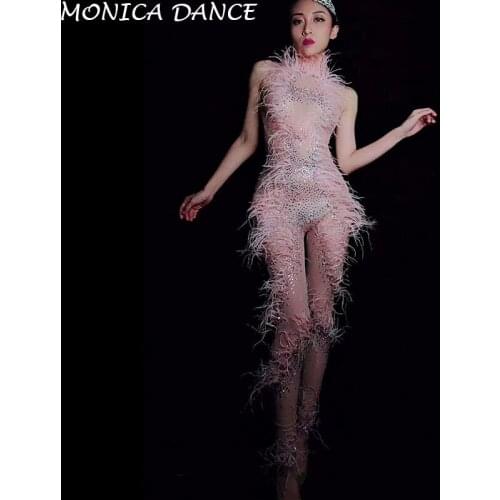 Women Sexy Pink Feather Perspective Mesh Jumpsuit Birthday Celebrate Bodysuit Women Singer Dancer See Through Leggings Outfit