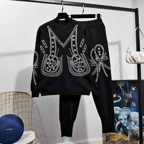 Black Sports Knitted Set Women Tracksuit Manual Beading Flowers Sweater Harem Pants Two Piece Outfits Female Loose Knitting Suit