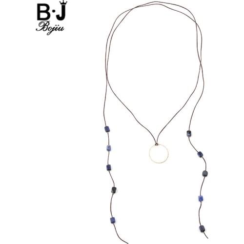BOJIU Boho Long Brown Rope Choker Necklaces For Women Jewelry Big Hoop Blue Natural Stone Collar Necklaces Ladies Bijoux NKS230