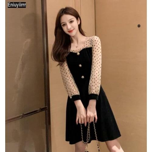 Women Cute Sweet Patchwork Dot Sheer Mesh Little Black Dress 506