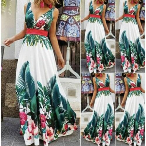 New leaf skirt printed V-neck waist dress women