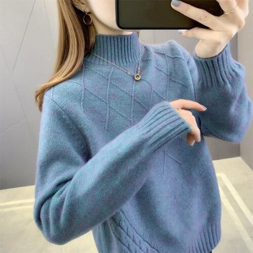 Winter 2021 Thicken Sweater Women Half High Collar Solid Color Pullover Womens Loose Long Sleeve Knitting Sweaters Female