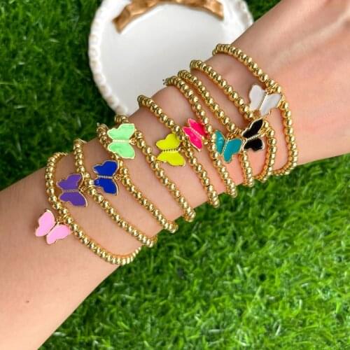 10Pcs, New arrival gold plated copper round beads bracelet,enamel butterfly charm Handmade beacelet jewelry Vintage Gifts