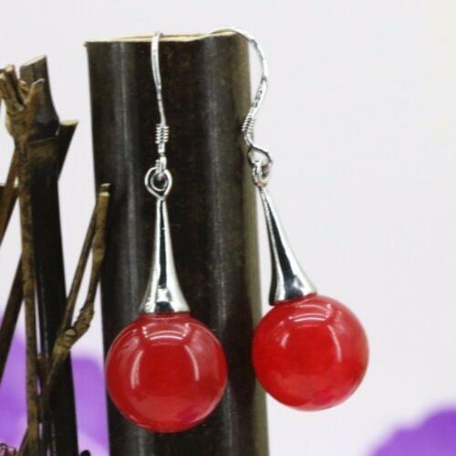 14K gold plated 12mm Red Ruby Jade round beads dangle earring for women