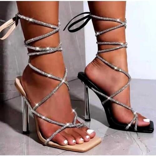 2021 Summer New Womens High-Heeled Sandals Sexy Rhinestone Cross Ankle Strap Square Toe Hollow Banquet Shoes Size 35 to 42
