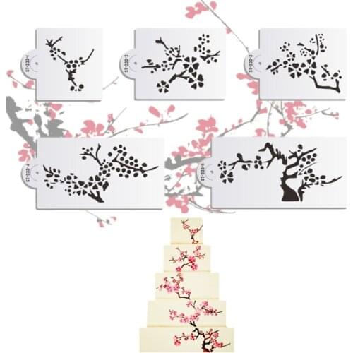 5pcs/set Cherry Tree Hollow Cake Mold Cookie Cutter Stencil Fondant Spray Mould DIY Chocolate Decorating Tools