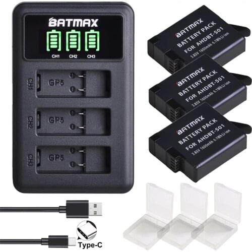 3Pcs Batteries for GoPro Hero 7 Gopro 6/5 AHDBT-501 Battery +LED 3-Slot USB Charger with Type C Port for GoPro Accessories