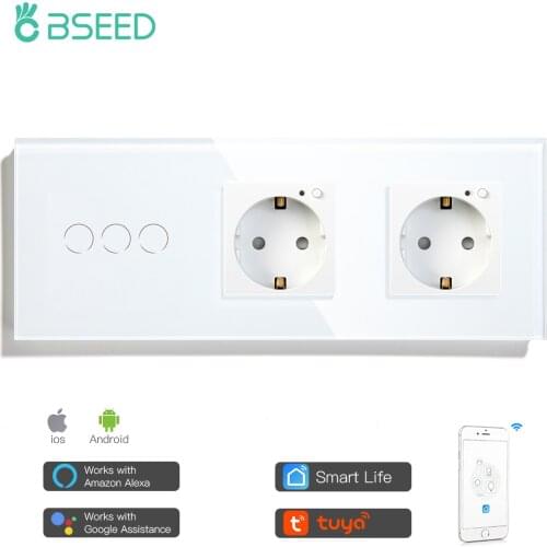BSEED 3 Gang Smart Light Switch With Double Wall Socket 3 Colors Wall Switch 228mm Crystal Glass Panel Work With Tuya App