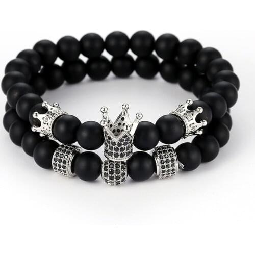 Black Matte Couple Bracelet Miniature Zircon 4 Color Crown Bead Bracelet Bangle 2 PCS/Set for Men Women Buddha bead new 2019