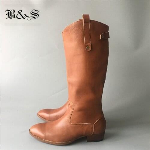 Black& Street knee High Luxury cow Leather handmade retro knight king Boots men winter wedge motorcycles boots