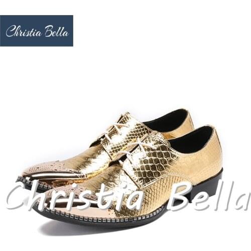 Christia Bella Mens Fashion Dress Shoes Brand Designer Gold Lace Up Wedding and Party Oxfords Shoes Stage Wear Plus Size 38-47