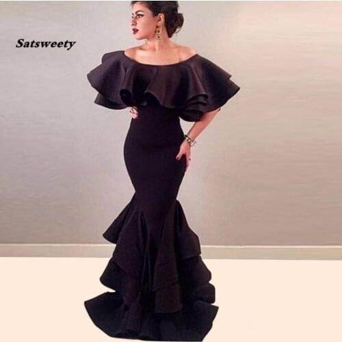 Long Sexy Black Arabic Mermaid Evening Dresses Tiered Ruffle Skirts Robe De Soiree Courte Off Shoulder Cape Prom Party Gowns