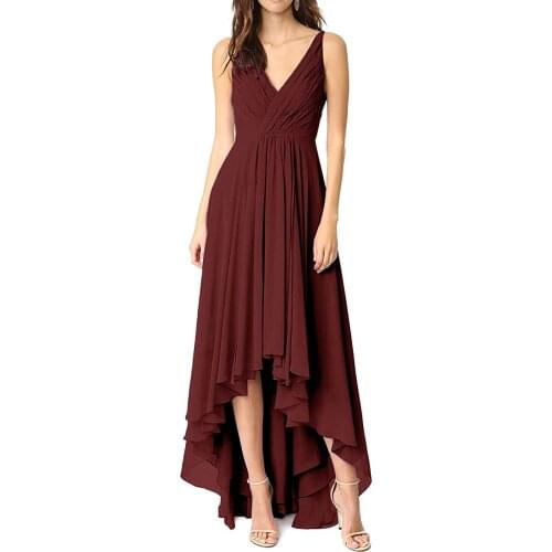 Womens Chiffon Wedding Party Gowns Ruched V Neck High Low Bridesmaid платья для выпускного vestidos de fiesta فساتين السهرة