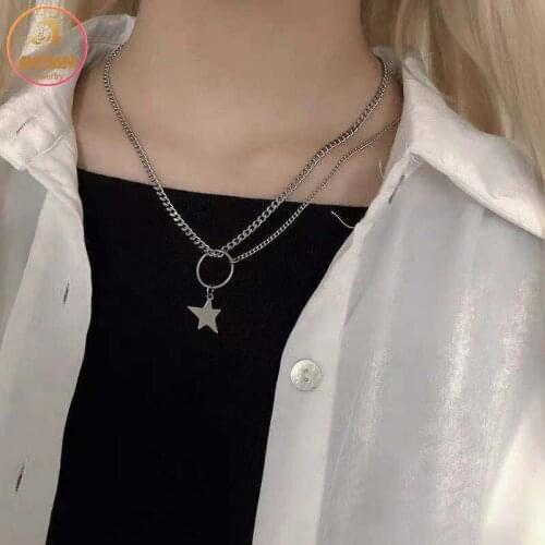 Akizoom Double Layers Necklace Stainless Steel Punk Style Star Choker Cuban Chain Freeshipping for Women Jewelry Birthday Gift