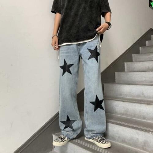 High Street Jeans Mens Loose Retro Denim Trousers Mopping The Floor Hiphop Streetwear Overalls Printed Wide Leg Straight Pants