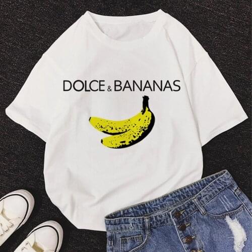 2020 New Summer DOLCE & BANANA Print Women T-Shirts O-Neck Short Sleeve Cute Cartoon T Shirt for Girls Students Lady Tops Tshirt
