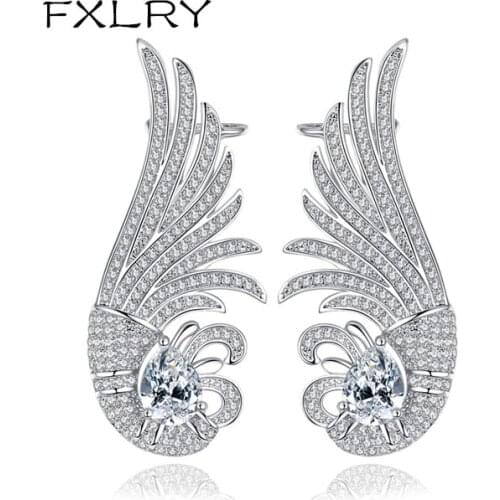 FXLRY New Arrival Luxury Fashion Women OL White Color AAA Cubic Zircon,White Feather Earrings Jewelry Free Shipping