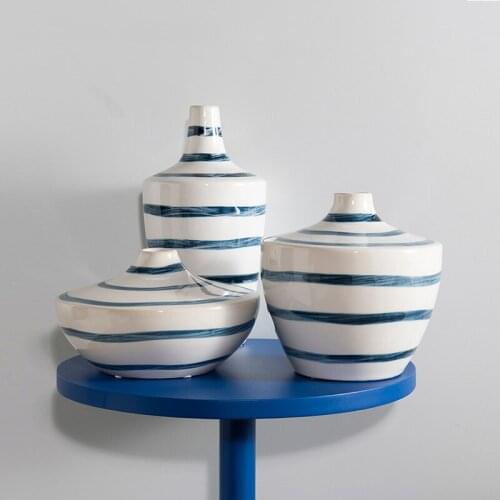 Nordic Minimalist Blue Stripes Ceramic Flower Vase Art Creatrive Big Belly Shape Porcelaim Vase For Home Decoration Arrangement