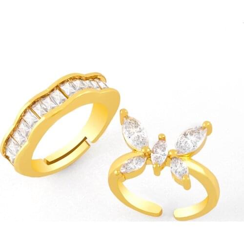 FLOLA Gold Plated Cubic Zirconia Butterfly Rings For Women Crystal Open Adjustable Simple Rings Wholesale Jewelry Gift rigk84