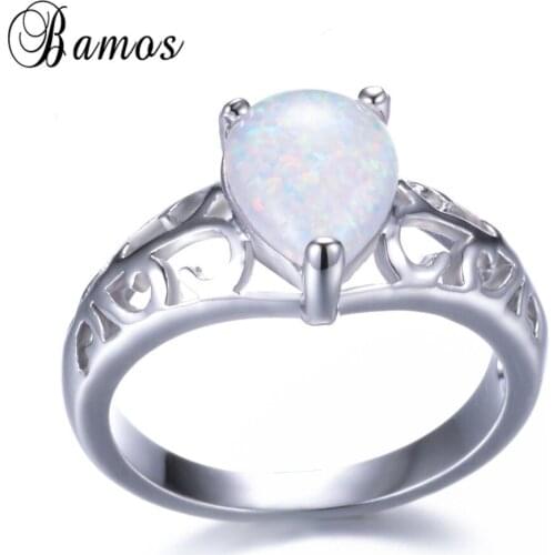 Bamos Hollow Flower Water Drop Ring White/Blue Fire Opal Rings For Women White Gold Filled Jewelry Valentines Day Gift