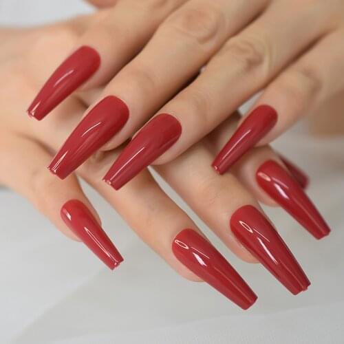Red Hot Fake Nails Extra Long Coffin Artificial Nails Press On Solid Color Gel Shine Acrylic Ballerina Nail Tips Salon Tool