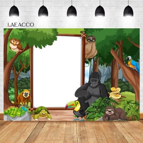 Laeacco Baby Birthday Cartoon Watercolor Jungle Safari Party Backgrounds Child Customized Poster Portrait Photography Backdrops