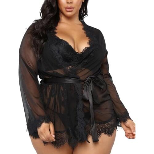 Summer Plus Size Pajamas Women Robe Sleep Suit Sexy Sheer Mesh Long Sleeve Lace Stitching Nightdress And Panties Set With Sashes