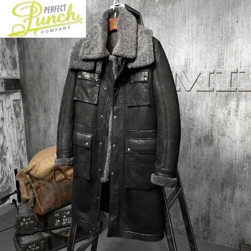 Shearing Long Witner Sheep Genuine Leather Men Vintage Wool Jacket Real Fur Coat Mens Clothing PM-W-1724 YY801