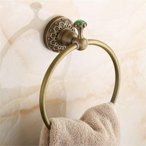 Wall Mounted Bathroom Artistic Towel Ring Antique Brass Towel Hanger Ring Holder towel holder with green stone