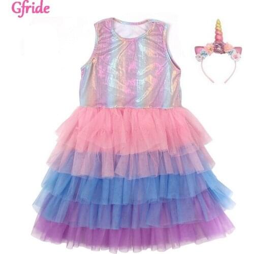 Princess Girls Rainbow Costumes Cake Sleeveless Tutu Dress With Headband Childrens Show Dress Children Summer Clothing 2-10 Yr