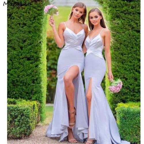 Spaghetti Bridesmaid Dresses Sleeveless Silk Mermaid Bridesmaid Dresses Silk Satin Side Slit Wedding Party Bridesmaid Gowns