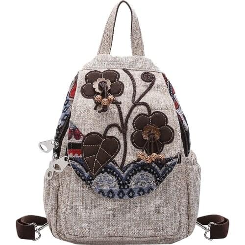 Chinese Style Linen Women Backpack Casual Floral Printing Vintage Art Shoulders Bag Retro Female Canvas Backpack
