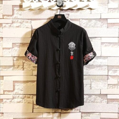 Summer Mens Cotton Linen Short Sleeve Shirts Chinese Style Buckle Embroidery Shirt Streetwear Casual Loose Shirts